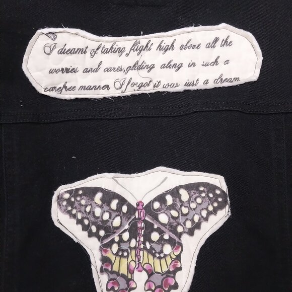 3813 Size XL Upcycled Black Denim Jacket with Quilted Trim. - Picture 6 of 9